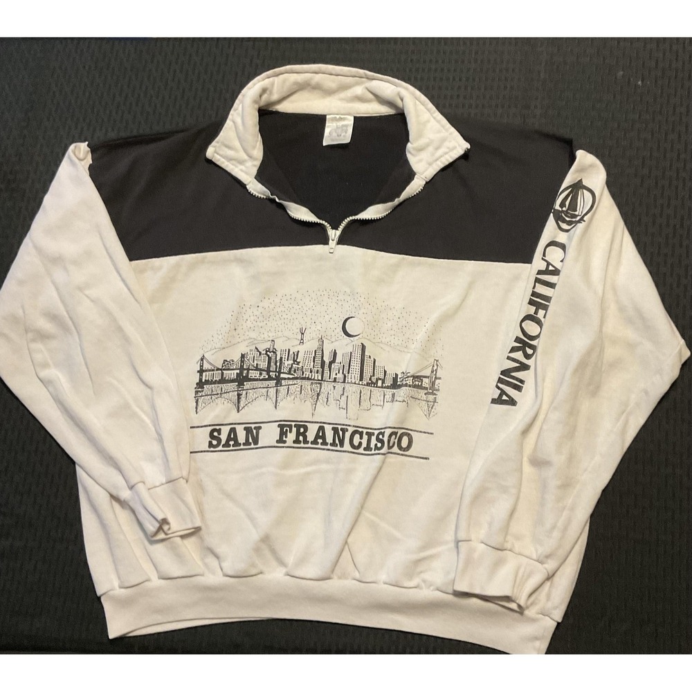 Vintage San Francisco Sweatshirt Mens Large White Black Quarter Zip Made USA 90s